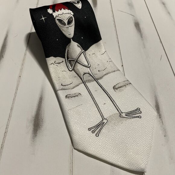 Vintage‎ Santa Space Alien Men's Christmas Holiday Space Moon Black Neck Tie 90s - Picture 1 of 6